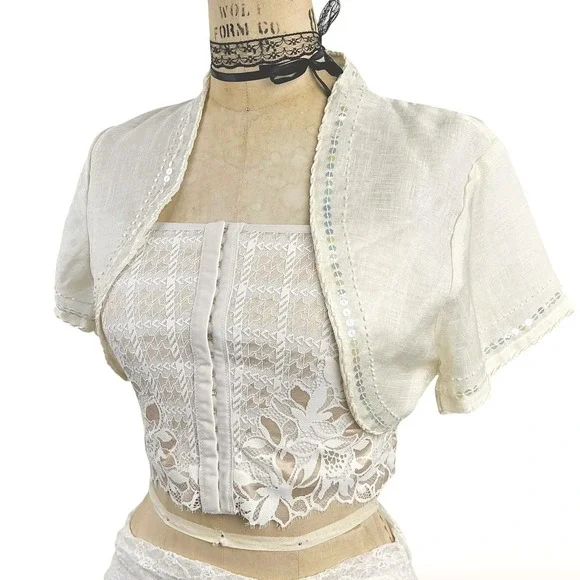 Coquette Womens M Sequin Trim Bolero Jacket Fairy Shrug Cream Angelic - Picture 7 of 9